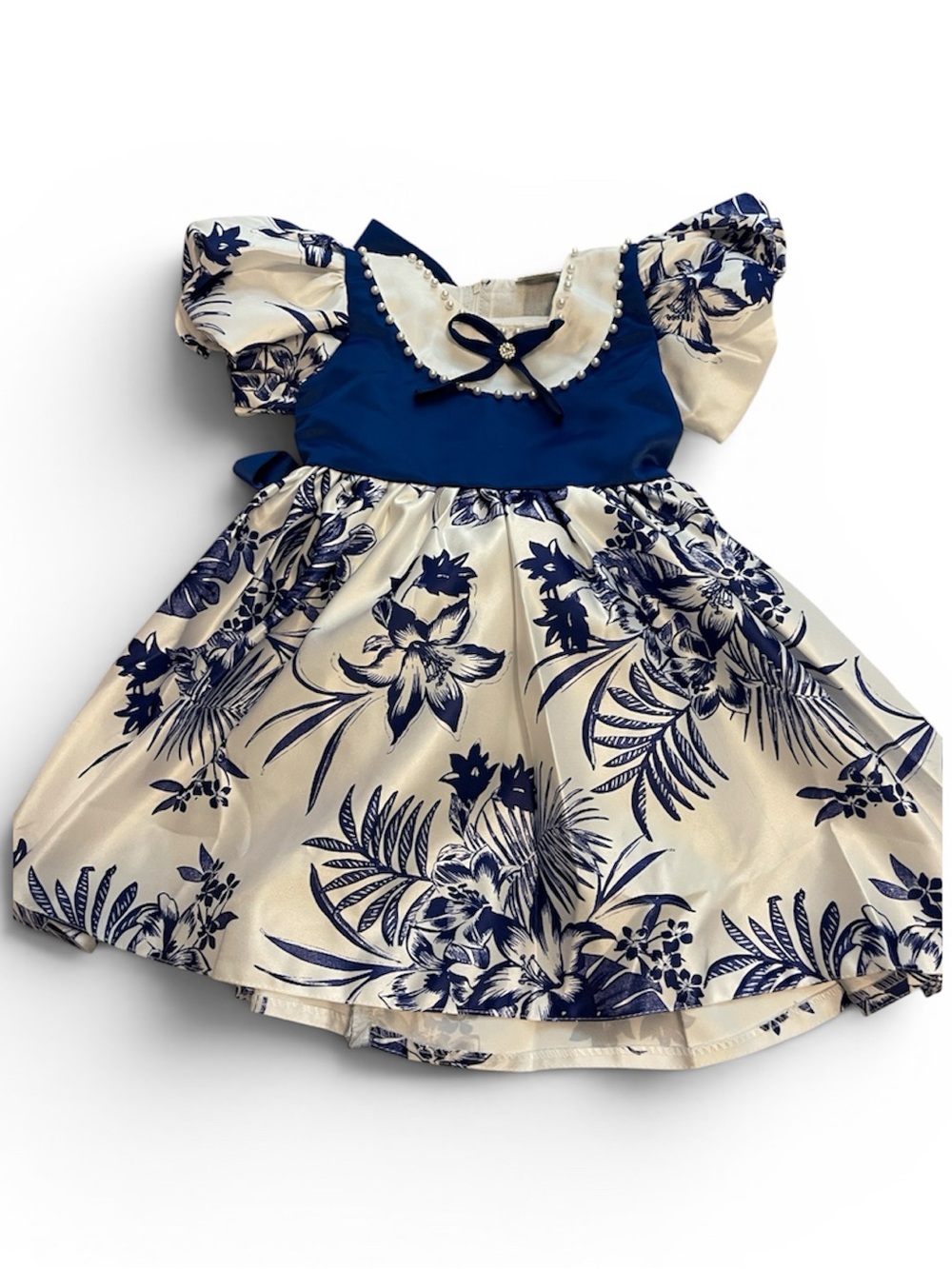 Navy and White Floral Bow-Accent Girls Formal Dress